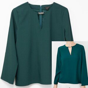 Ann Taylor Blouse Tunic Long Sleeve Chain Trim Shirt Emerald Green Small New